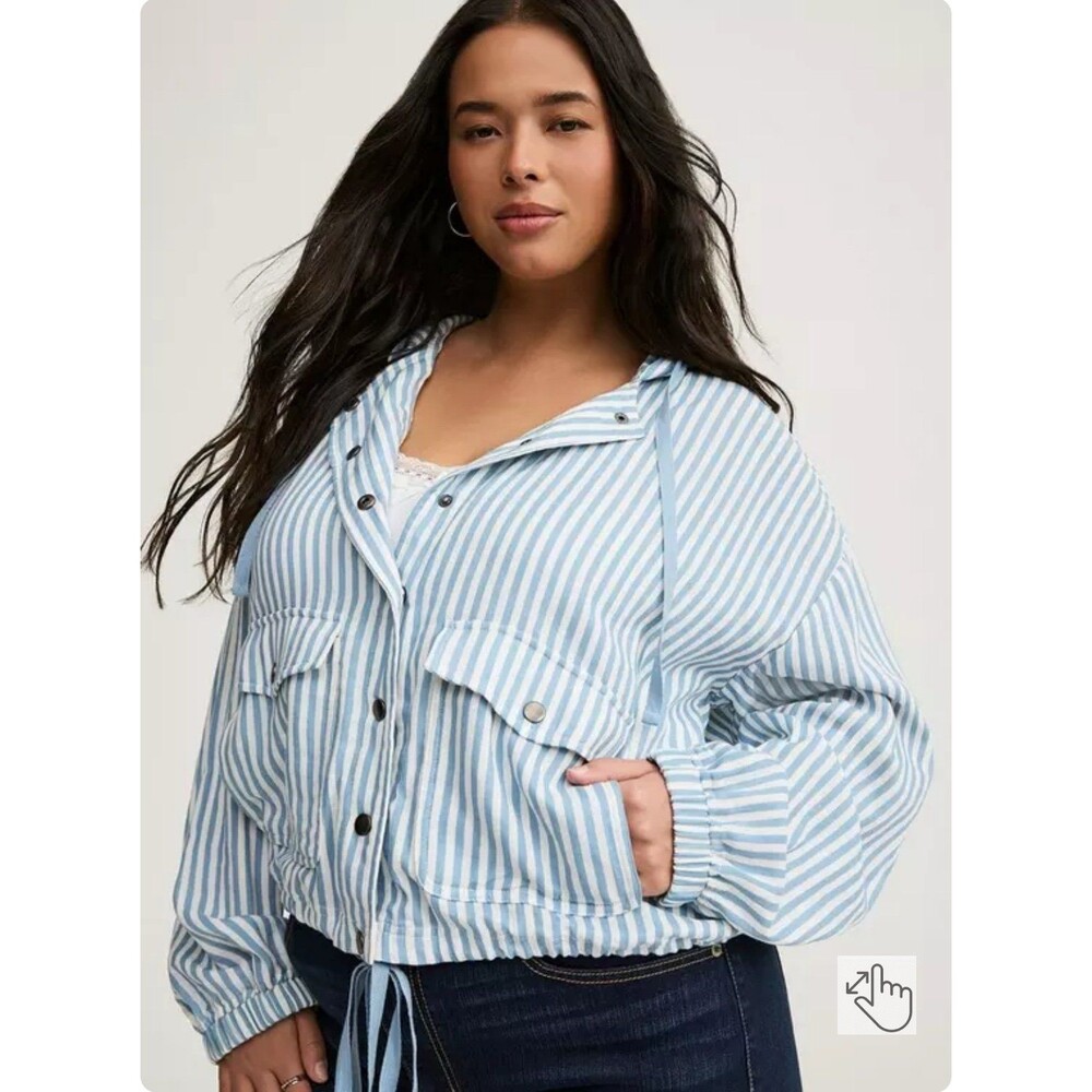 Torrid snap front blue white striped hooded jacket semi-crop 1 beachy resort